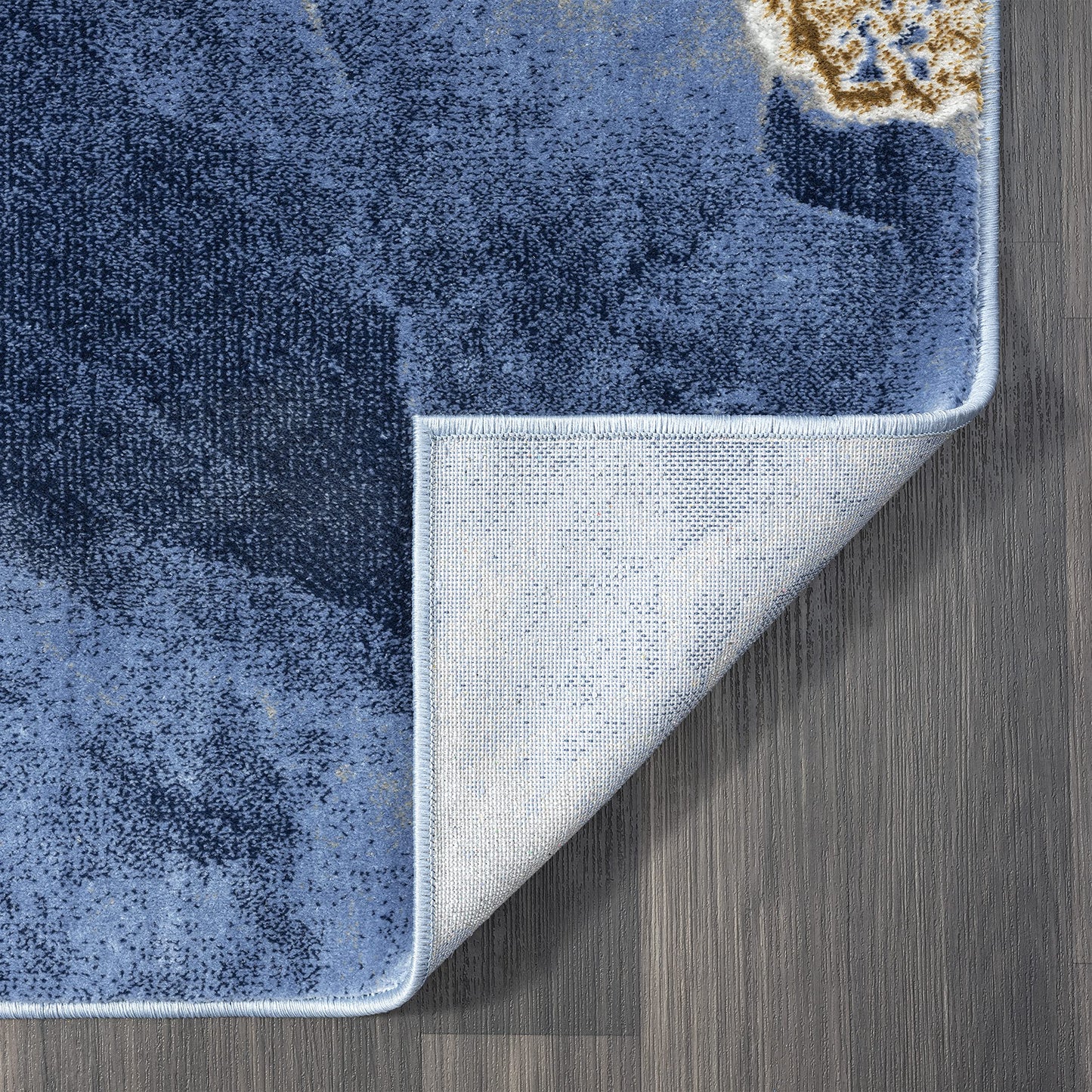 Abani Contemporary Blue & Metallic Gold 4' x 6' Area Rug, Non-Shed Modern Rugs Marble Print Dining Room Rug