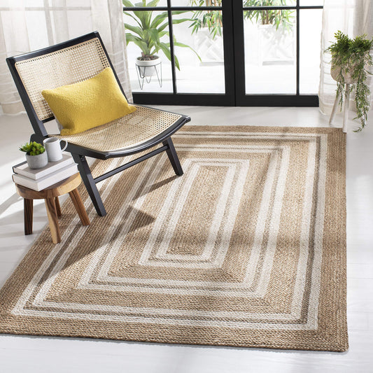 SAFAVIEH Natural Fiber Collection Area Rug - 5' x 8', Natural & Ivory, Border Stripe Jute Design, Ideal for High Traffic Areas in Living Room, Bedroom (NF890A)