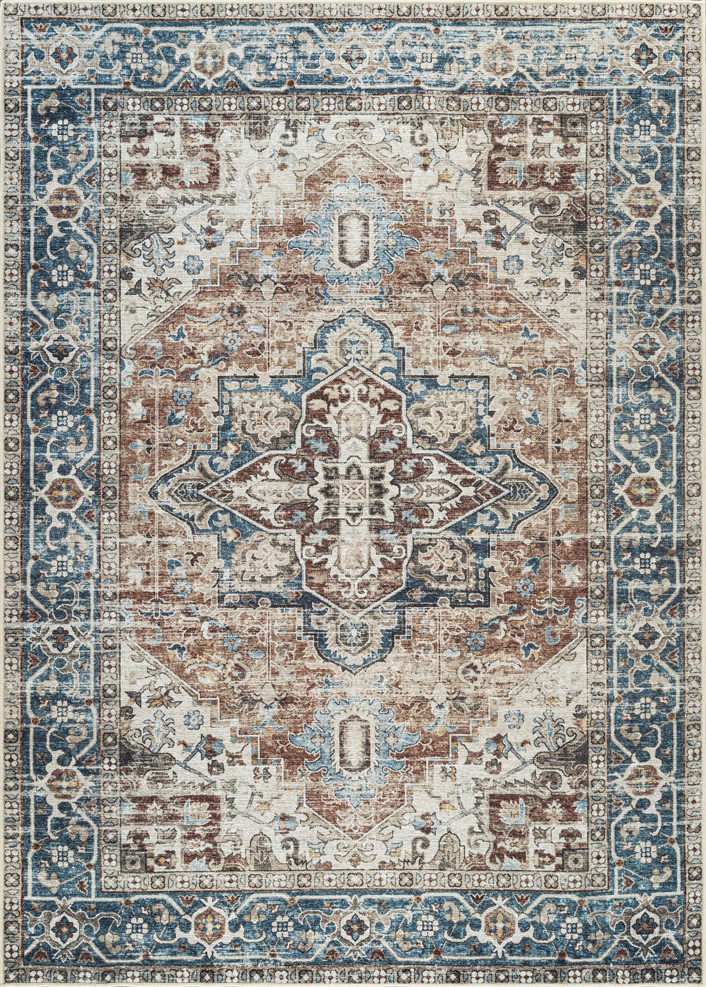 Bloom Rugs Caria Washable Non-Slip 4x6 Rug - Terracotta/Blue Traditional Area Rug for Living Room, Bedroom, Dining Room, and Kitchen - Exact Size: 4' x 6'