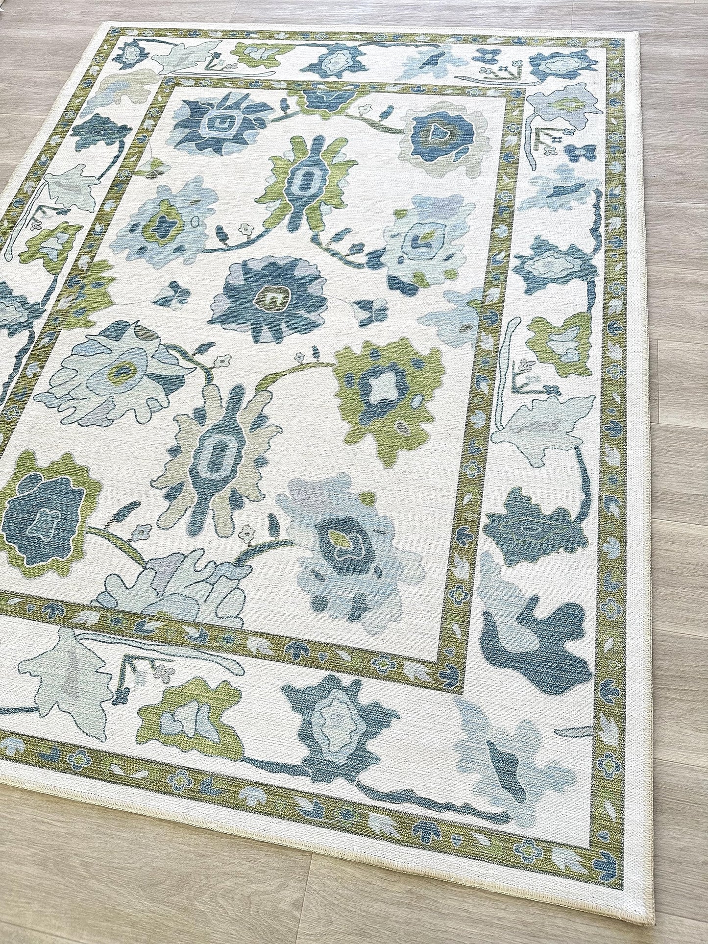 Fame Living Green Oushak Rug, Modern, Vintage, Turkish, Eclectic, Floral, Pastel, Washable, Area Rugs for Living Room, Dining, Bedroom, Office, Entryway, Foyer, Playroom, Nursery, 5'x6'9"