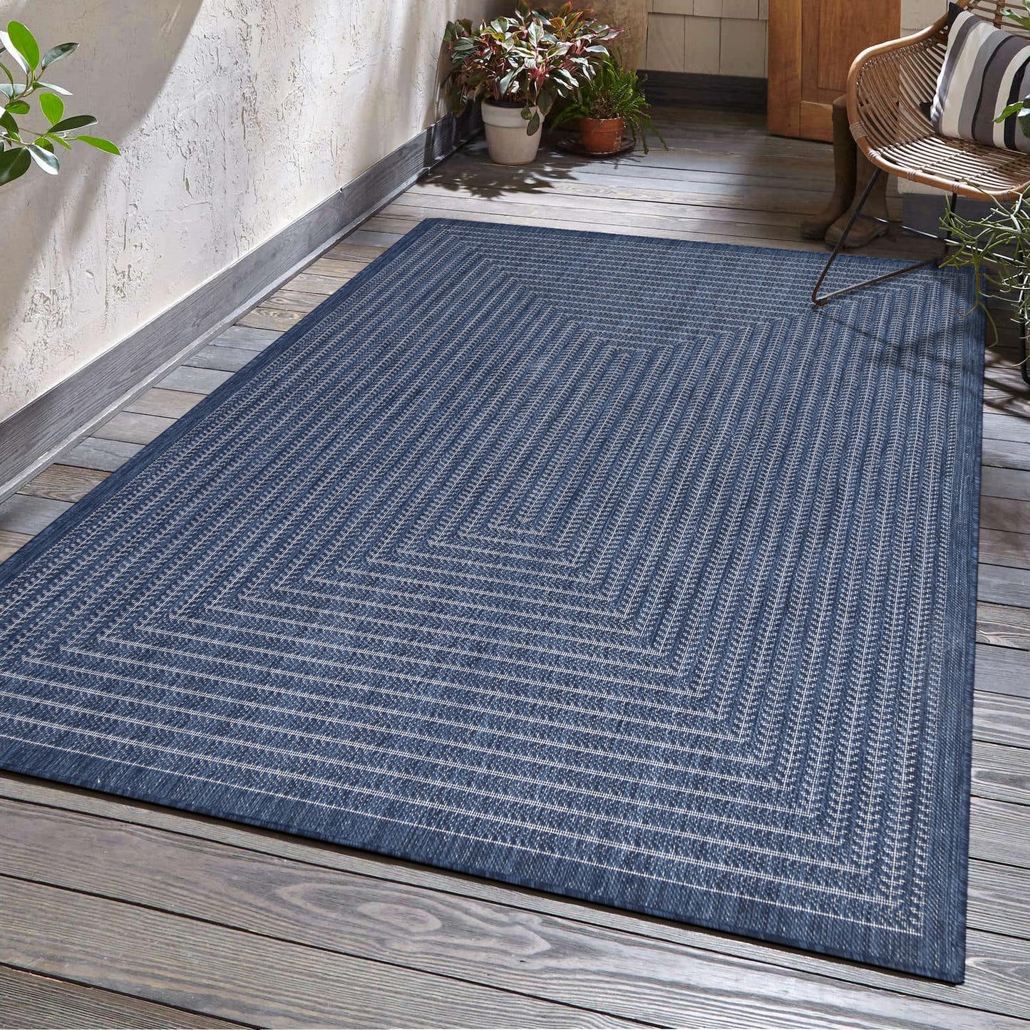 Adiva Rugs Outdoor Indoor Area Rug, Weather Resistant, Easy to Clean, Stain Resistant Floor Mat for Dining Room, Backyard, Deck, Patio (Navy Weiss, 5' x 7')