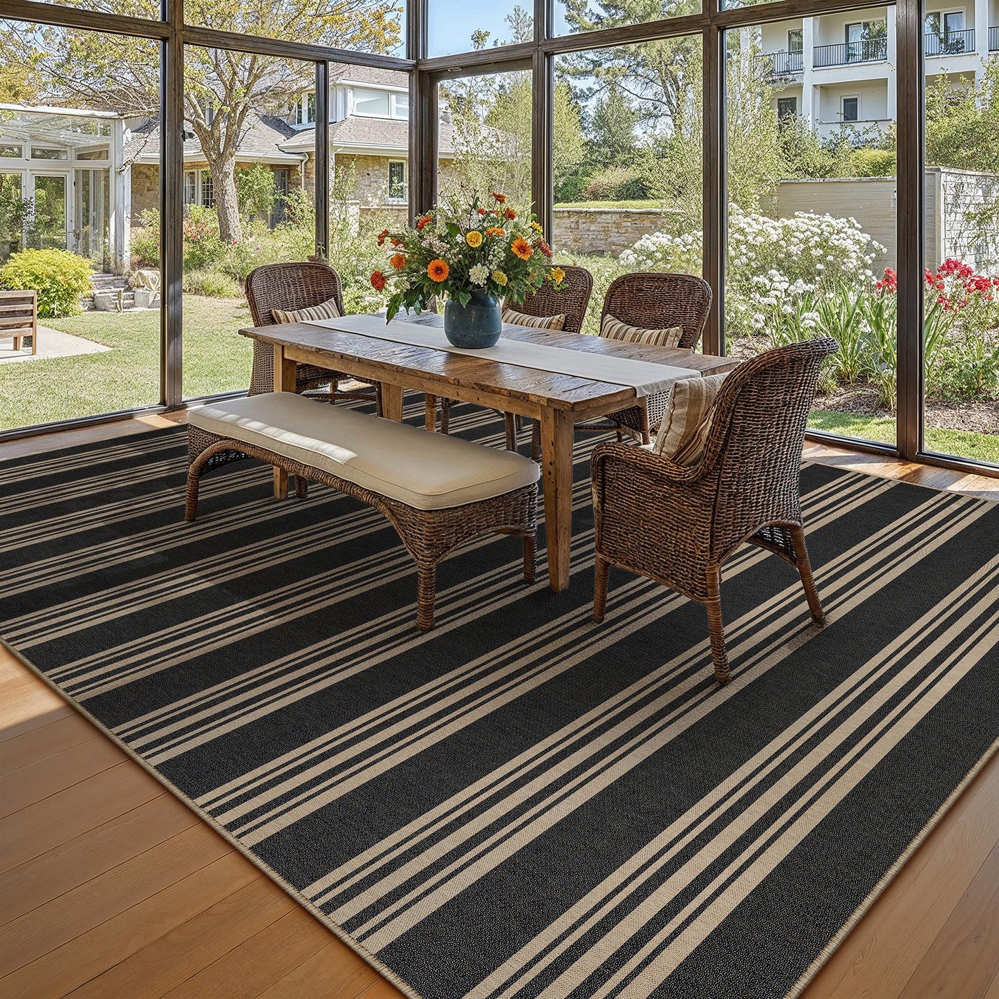 PureCozy Striped Easy Jute Rug 6x9 Black Living Room Carpet Washable Non Slip Bedroom Rug Farmhouse Neutral Non Shedding Indoor Outdoor Large Carpet for Dining Room Under Table Office