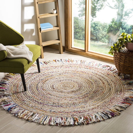 SAFAVIEH Cape Cod Collection Area Rug - 5' Round, Ivory & Light Beige, Handmade Boho Fringe Jute & Cotton, Ideal for High Traffic Areas in Living Room, Bedroom (CAP206B)