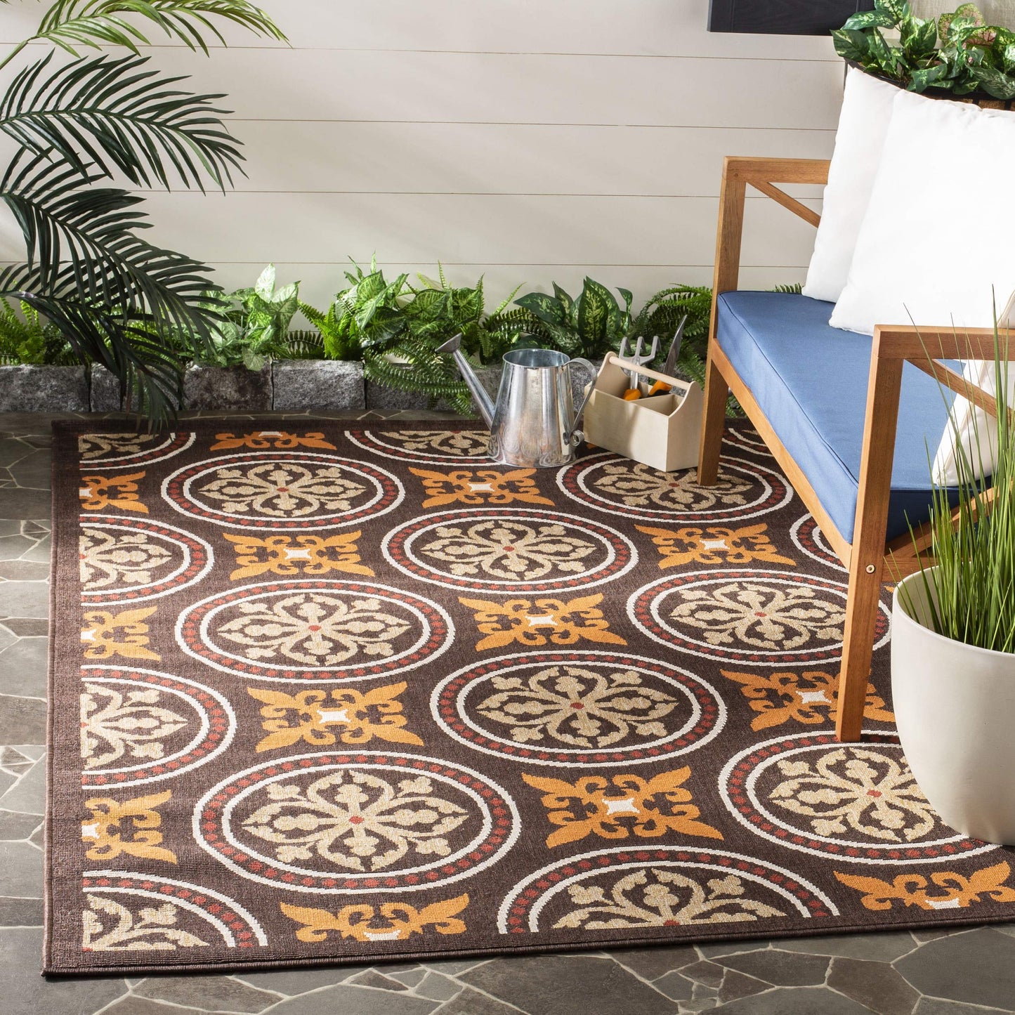 SAFAVIEH Washable Rug Outdoor Veranda Collection - 4' x 5'7", Chocolate & Terracotta, Non-Shedding & Easy to Clean, Ideal for Patio, Backyard, Mudroom (VER030-0325)