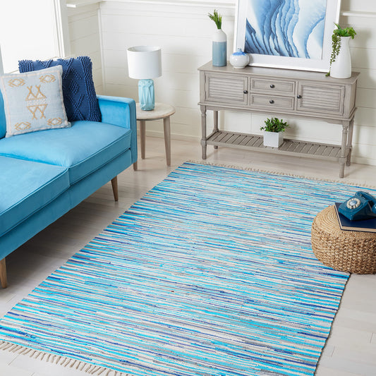 SAFAVIEH Rag Rug Collection Accent Rug - 4' x 6', Turquoise & Multi, Handmade Boho Stripe Cotton, Ideal for High Traffic Areas in Entryway, Living Room, Bedroom (RAR129C)