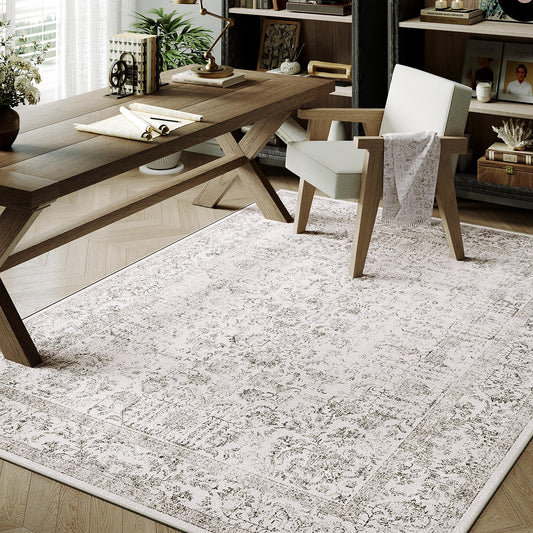PureCozy Gray Area Rug 4x5 Office Entryway Rug Machine Washable Kitchen Vintage Distressed Non Slip Carpet Indoor Grey Retro Floral Accent Throw Door Mat for Bathroom Bedroom Dining Living Room