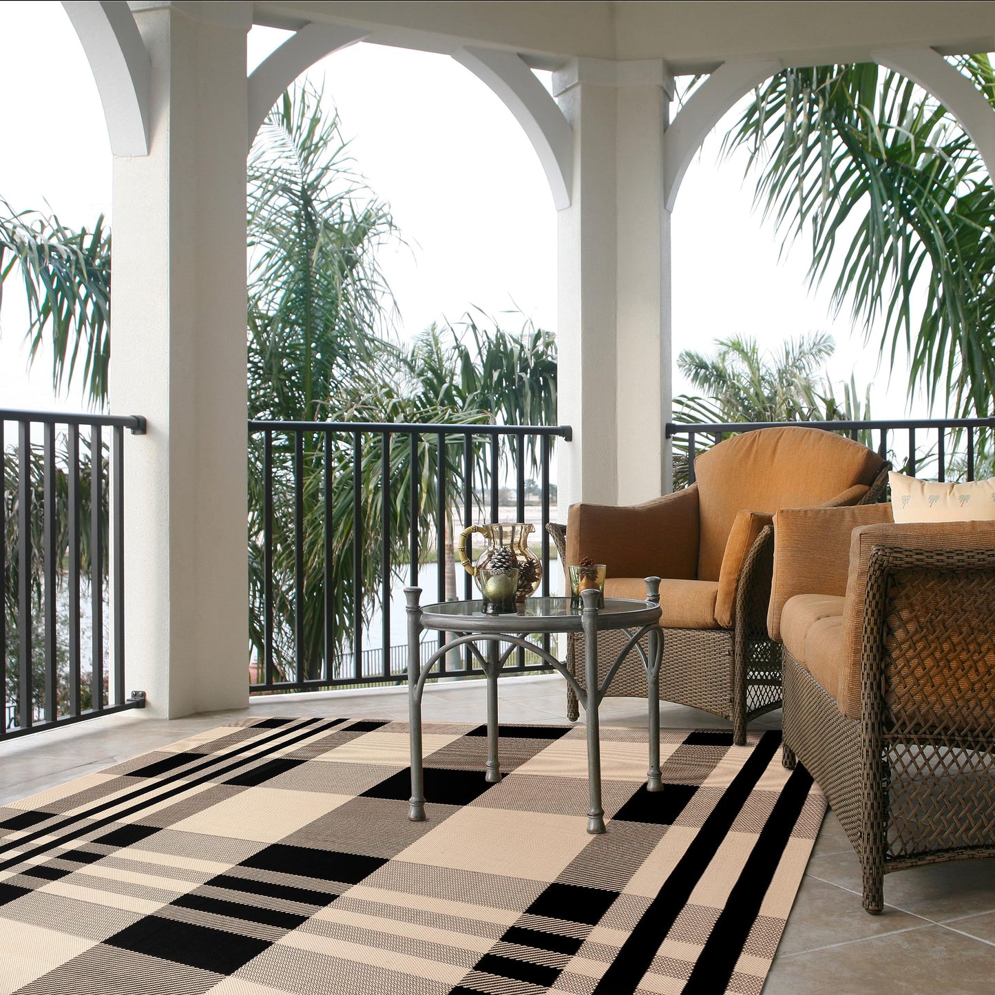 SAFAVIEH Washable Rug Outdoor Courtyard Collection - 9' x 12', Black & Bone, Plaid Pattern, Non-Shedding & Easy Cleaning, Ideal for Patio, Backyard, Mudroom (CY6201-216)