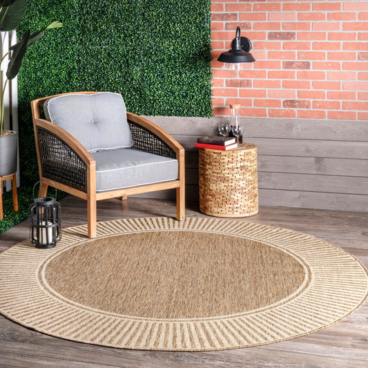 Nuloom Asha Light Brown/Ivory, 6'7" Round, Casual, Striped Border, Soft and Cozy, High Traffic, Easy Clean, Durable Area Rug for Indoor/Outdoor Patio, Deck, Porch, Garden, Courtyard