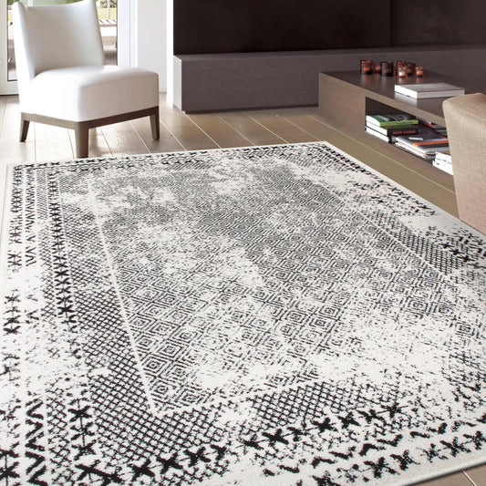 Rugshop Bohemian Distressed Border Stain Resistant High Traffic Living Room Kitchen Bedroom Dining Home Office Area Rug 7'10 x 10' Black