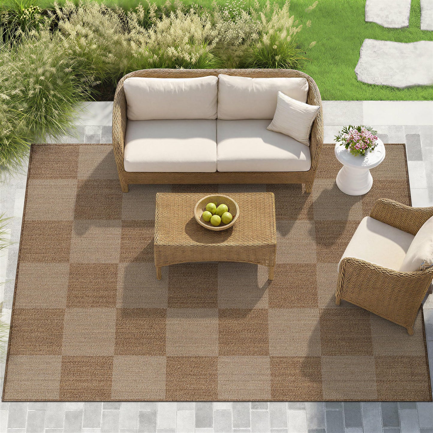 Rugshop Checkered Boxes Indoor Outdoor Flat Woven Area Rug,Natural Jute-Style,Easy-Care Patio Rug for Backyard Porch Deck Balcony, 7'10" x 10' Sand/Natural