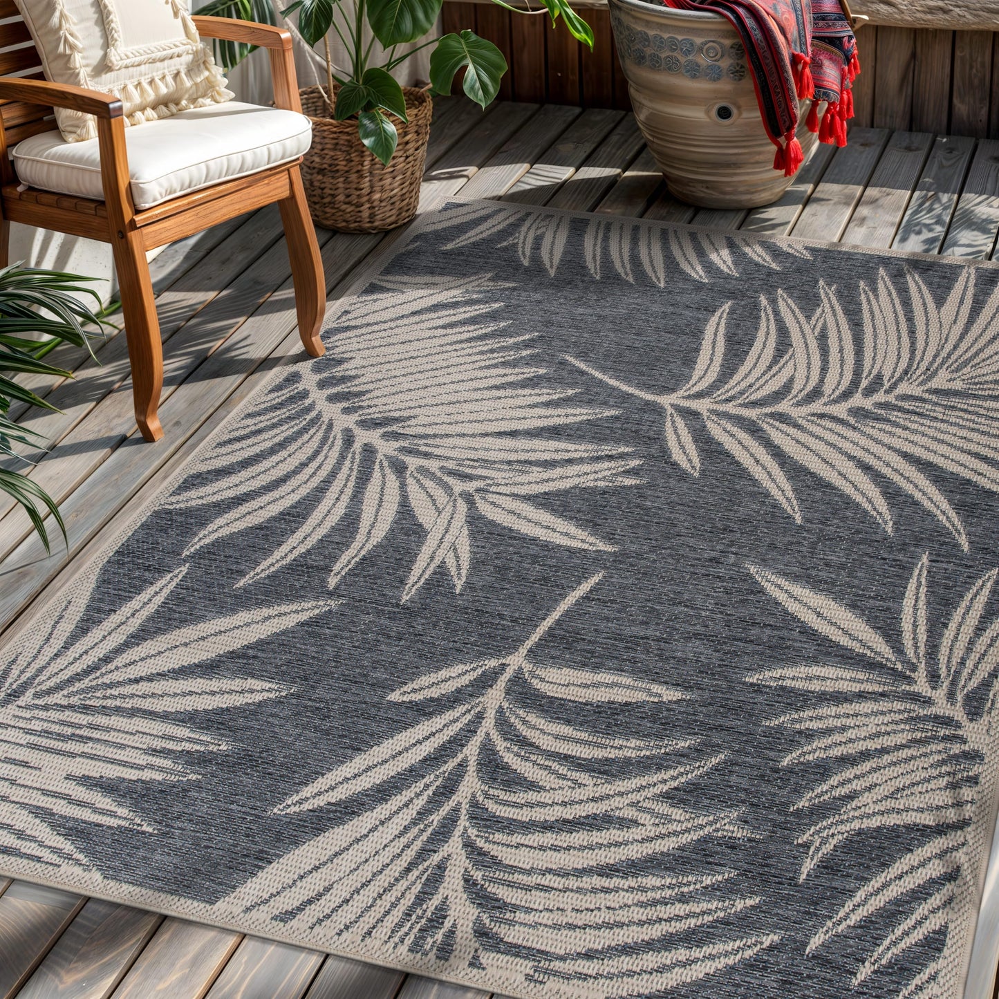 Rugshop Leaf Design for Patio Rugs,Deck Rugs,Balcony Rugs Indoor/Outdoor Area Rug 4' X 6' Blue