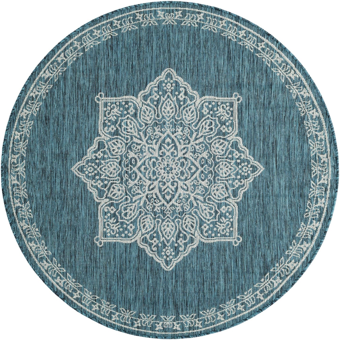 Unique Loom Outdoor Traditional Collection Area Rug - Antique (5' 3" Round Teal/Ivory)