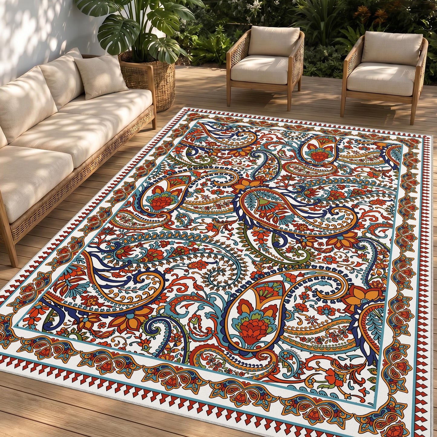 Arenarug Paisley Outdoor Rug Waterproof 8x10, UV Resistant Non Slip Patio Rug, Indoor Outdoor Boho Camping Rug Linen-Look RV Carpet for Deck Balcony Backyard, White Multi