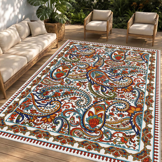 Arenarug Paisley Outdoor Rug Waterproof 8x10, UV Resistant Non Slip Patio Rug, Indoor Outdoor Boho Camping Rug Linen-Look RV Carpet for Deck Balcony Backyard, White Multi