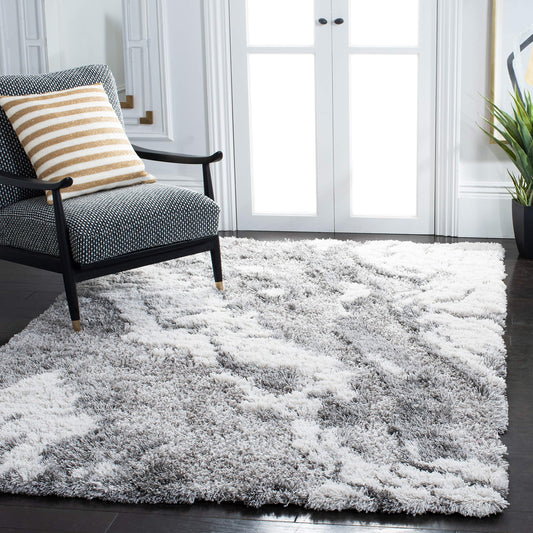 SAFAVIEH Horizon Shag Collection Area Rug - 5'3" x 7'7", Grey & Ivory, Modern Abstract Design, Non-Shedding & Easy Care, 2-inch Thick Ideal for High Traffic Areas in Living Room, Bedroom (HZN890F)