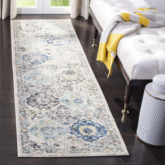 SAFAVIEH Madison Collection Runner Rug - 2'3" x 8', Ivory & Aqua, Boho Chic Distressed Design, Non-Shedding & Easy Care, Ideal for High Traffic Areas in Living Room, Bedroom (MAD611A)