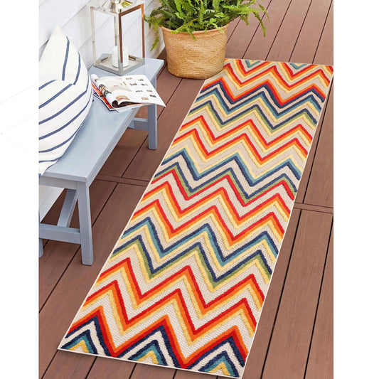 Superior Modern Bohemian Indoor Outdoor Runner Rug, Perfect for Patio, Bedroom, Kitchen, Laundry Room, Entryway, Office, Playroom, Carpet Cover, Zig-Zag, Acacia Collection, 2' 3" x 8', Cream