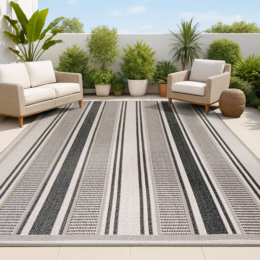 JONATHAN Y Double Stripe Indoor Outdoor Area Rug 5X8 Black/Beige, Haynes Modern for Backyard, Patio, Porch, Easy-Cleaning, High Traffic, Pet-Friendly, Non-Shedding (SMB202D-5)