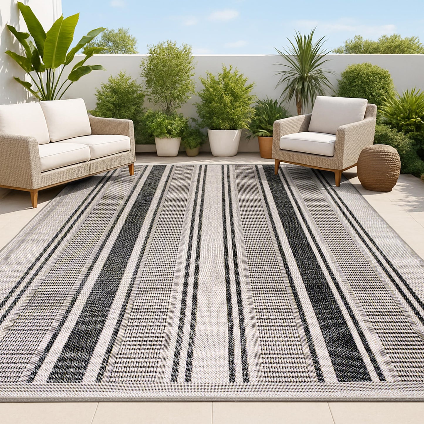 JONATHAN Y Double Stripe Indoor Outdoor Area Rug 3X5 Black/Beige, Haynes Modern for Backyard, Patio, Porch, Easy-Cleaning, High Traffic, Pet-Friendly, Non-Shedding (SMB202D-3)
