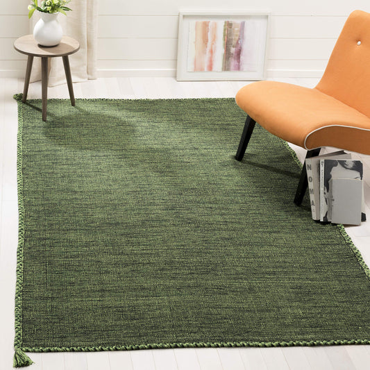 SAFAVIEH Montauk Collection Accent Rug - 4' x 6', Green & Black, Handmade Flat Weave Cotton Corner Tassel, Ideal for High Traffic Areas in Entryway, Living Room, Bedroom (MTK150Y)