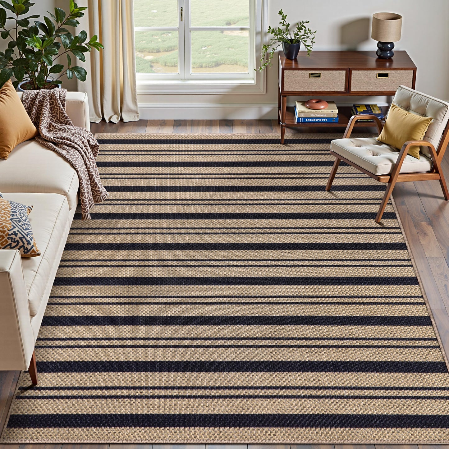 Tangsoo Stripe Easy Jute Rug 4x6 for Paito,Thin Non-Slip Indoor Outdoor Black Door Carpet,Washable Farmhouse Throw Mat for Front Porch Kitchen Bedroom Foyer