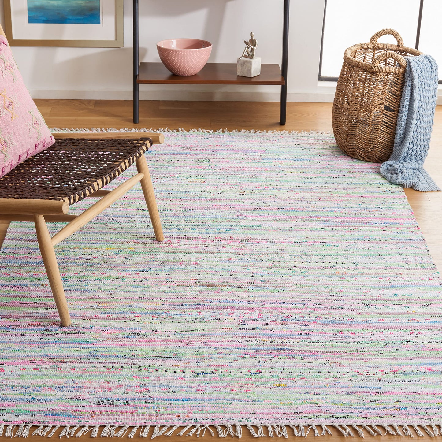SAFAVIEH Rag Rug Collection Accent Rug - 3' x 5', Light Green & Multi, Handmade Boho Stripe Cotton, Ideal for High Traffic Areas in Entryway, Living Room, Bedroom (RAR125D)