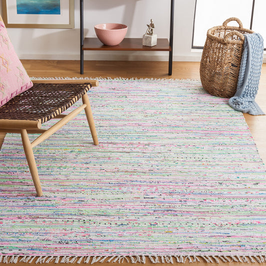 SAFAVIEH Rag Rug Collection Accent Rug - 3' x 5', Light Green & Multi, Handmade Boho Stripe Cotton, Ideal for High Traffic Areas in Entryway, Living Room, Bedroom (RAR125D)