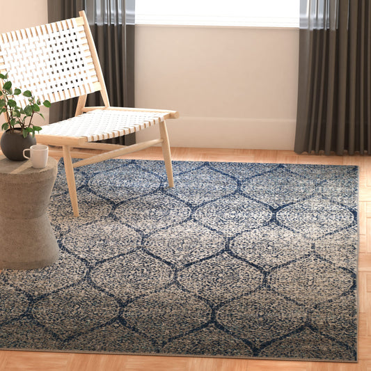 SAFAVIEH Madison Collection Area Rug - 4' Square, Navy & Silver, Glam Ogee Trellis Distressed Design, Non-Shedding & Easy Care, Ideal for High Traffic Areas in Living Room, Bedroom (MAD604G)