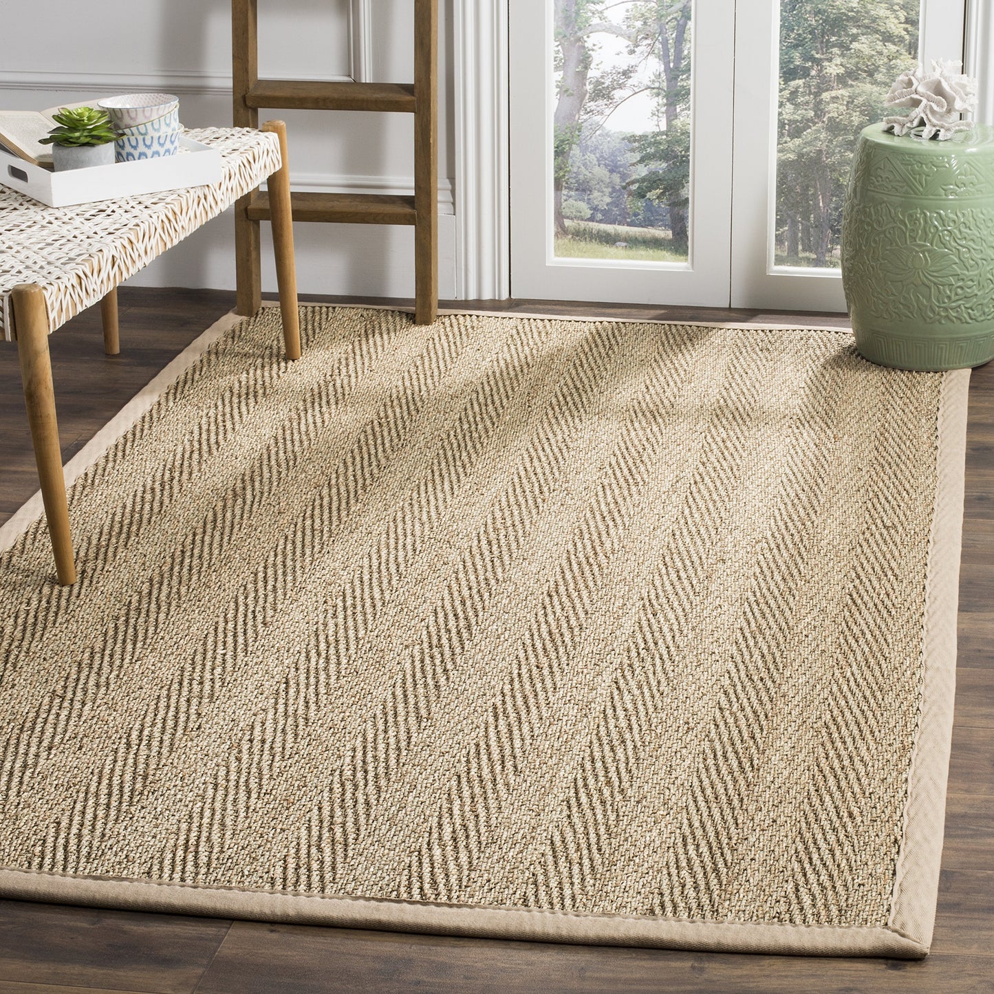 SAFAVIEH Area Rug 8x10 - Natural Fiber Collection - Large - Natural & Beige, Seagrass, Herringbone Pattern with Border (NF115A)