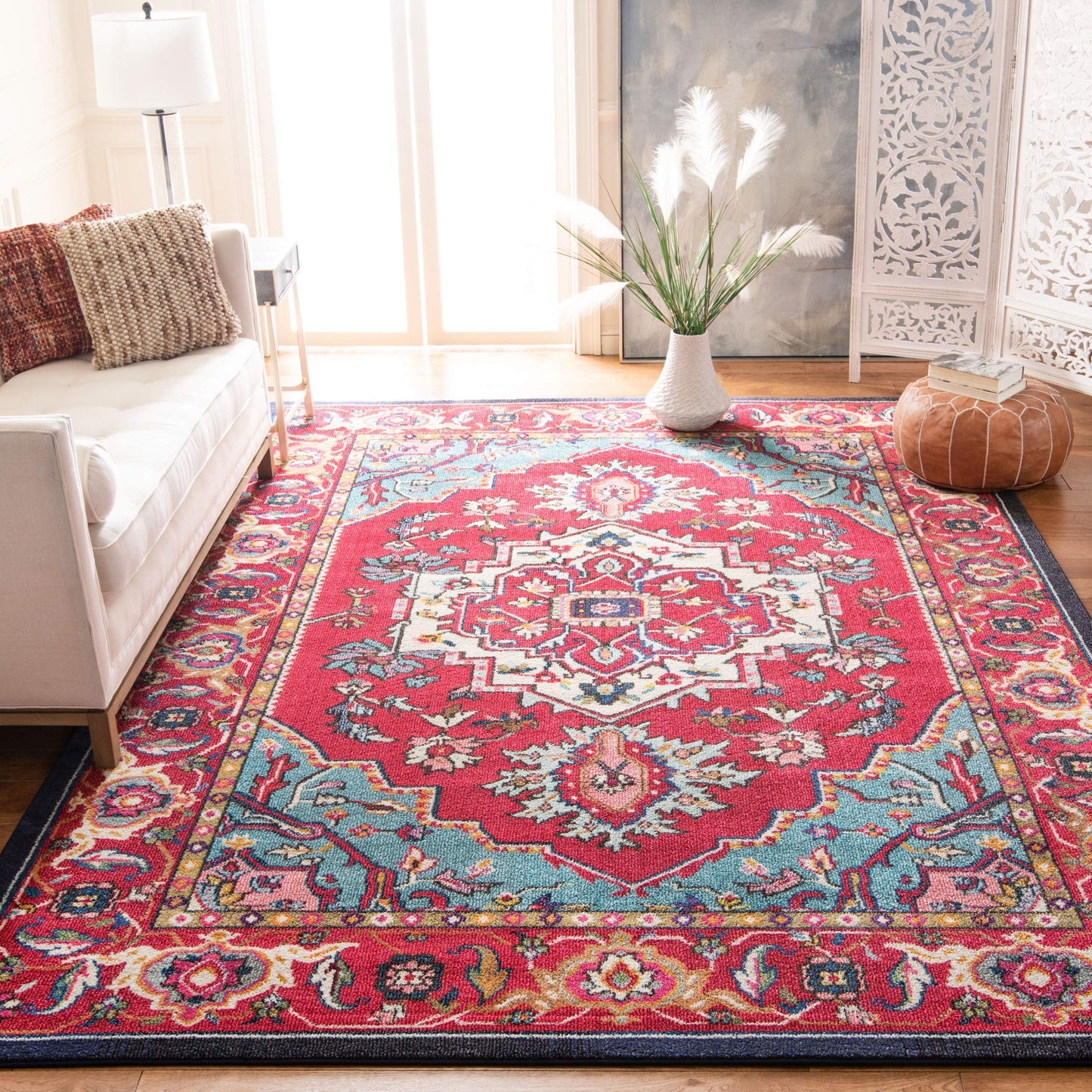 SAFAVIEH Monaco Collection Area Rug - 9' x 12', Red & Turquoise, Boho Oriental Medallion Design, Non-Shedding & Easy Care, Ideal for High Traffic Areas in Living Room, Bedroom (MNC207C)