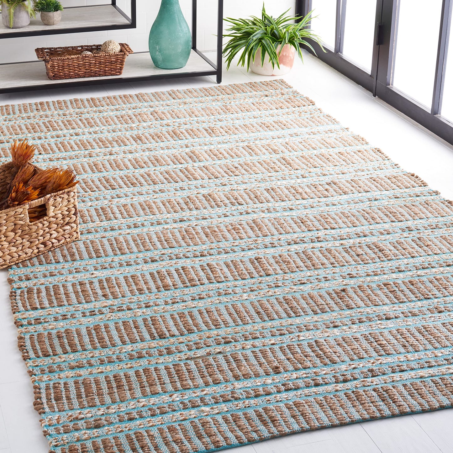 SAFAVIEH Natural Fiber Collection Area Rug - 5' x 8', Teal & Natural, Handmade Flat Weave Stripe Jute & Cotton Jute, Ideal for High Traffic Areas in Living Room, Bedroom (NFB651K)