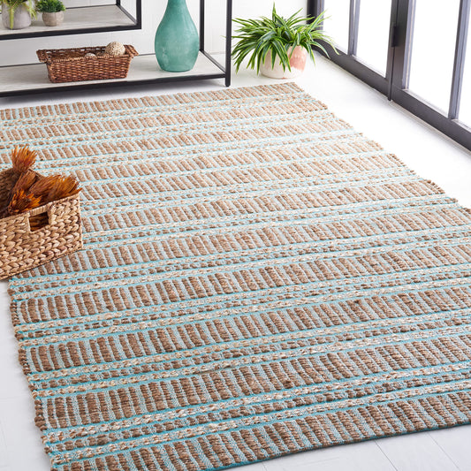 SAFAVIEH Natural Fiber Collection Area Rug - 5' x 8', Teal & Natural, Handmade Flat Weave Stripe Jute & Cotton Jute, Ideal for High Traffic Areas in Living Room, Bedroom (NFB651K)