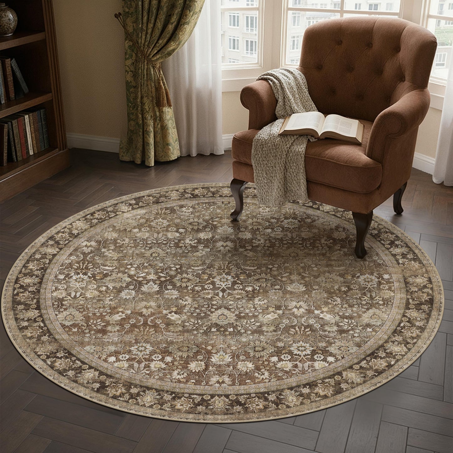 HUGEAR Round Rug 5ft Entryway Rugs Machine Washable Brown Hallway Area Rug 5x5 Small Circle Accent Rug Floral Low Pile Carpet Soft Throw Rug Living Room Office Laundry Room Entrance Non Slip
