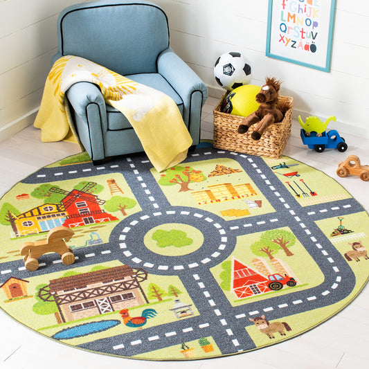SAFAVIEH Washable Rug Kids Playhouse Collection - 5' Round, Light Green & Dark Grey, Slip Resistant & Easy to Clean, Ideal for Kids Room, Playroom, Nursery, Boys & Girls Room (KPH232Y)