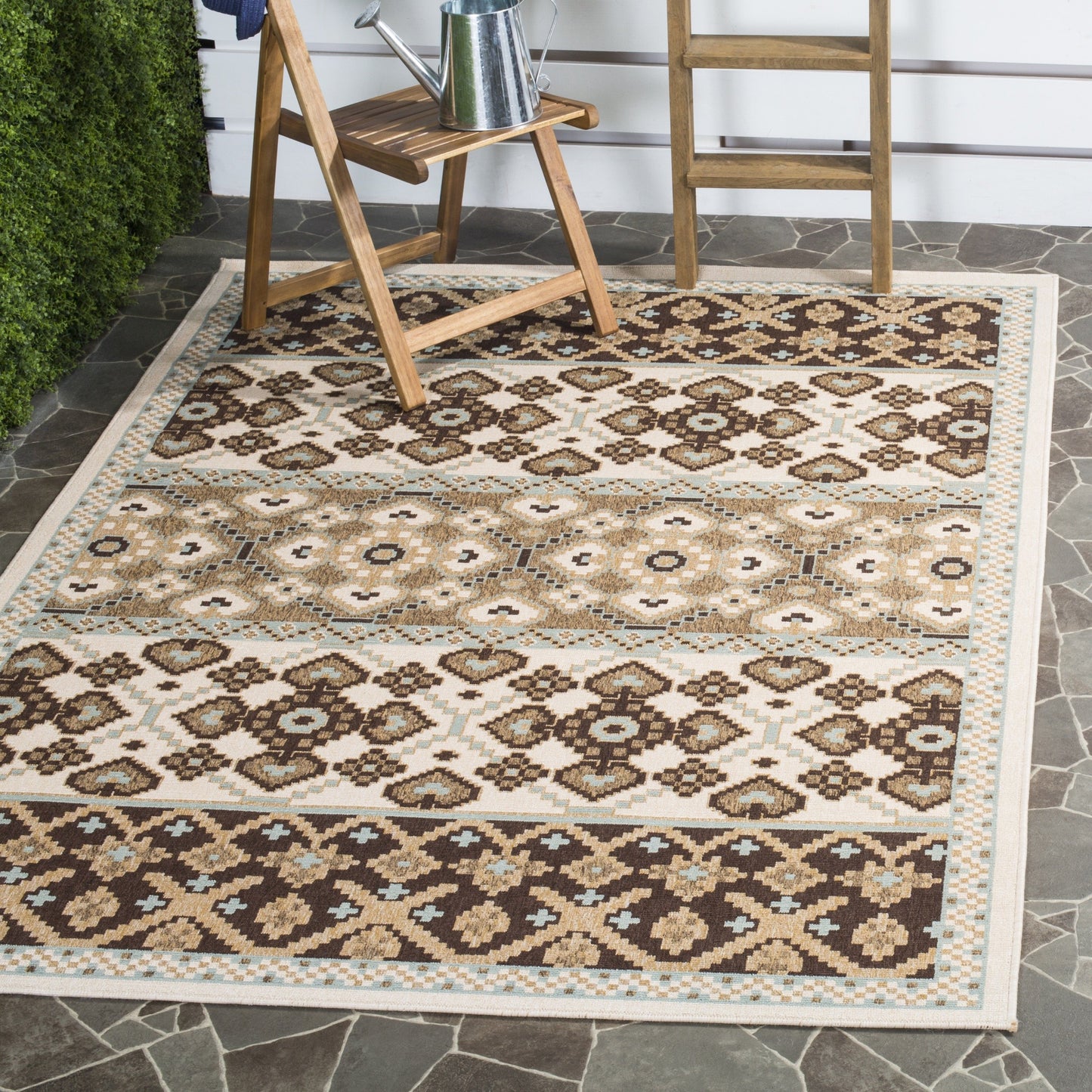 SAFAVIEH Washable Rug Outdoor Veranda Collection - 8' x 11', Cream & Chocolate, Non-Shedding & Easy to Clean, Ideal for Patio, Backyard, Mudroom (VER093-0212)