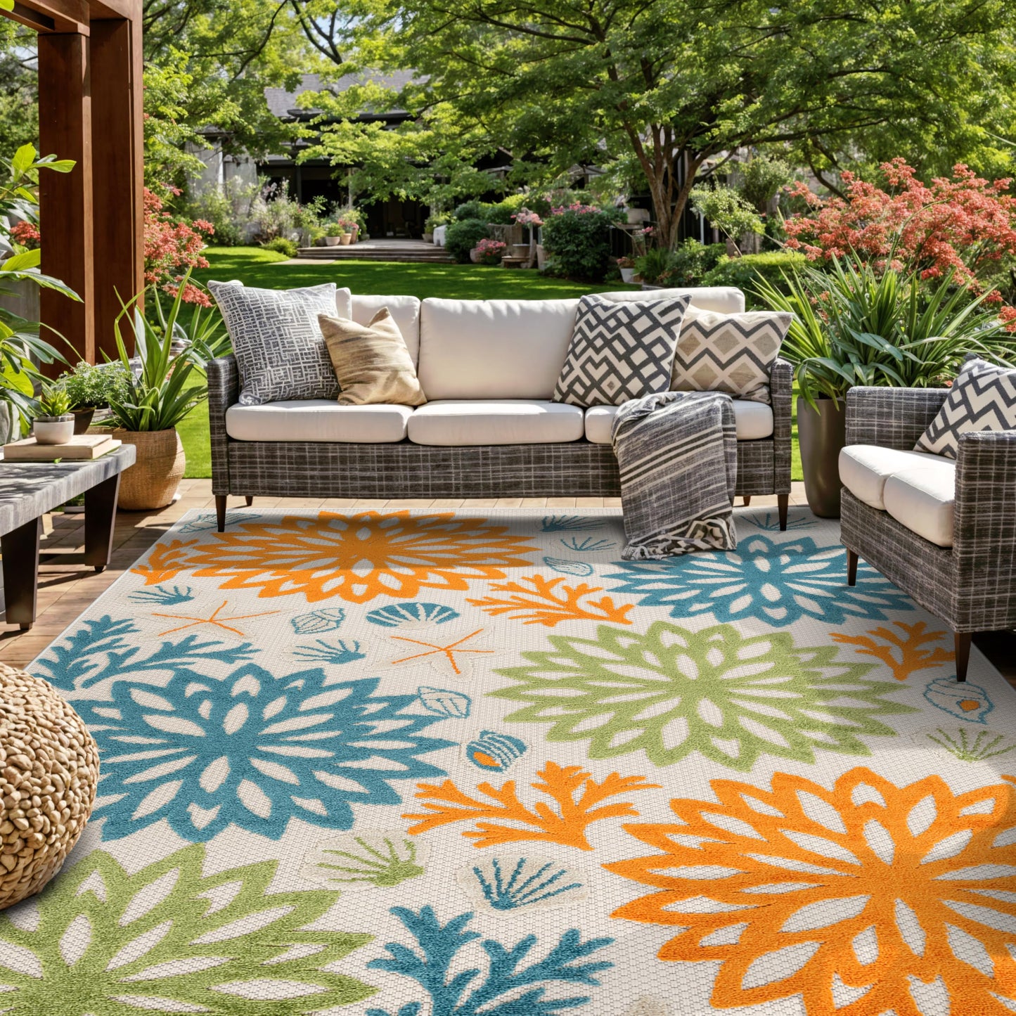 Rugshop Indoor/Outdoor High-Low Textured Area Rug, Coastal Floral, Easy-Clean Patio Rug for Porch Deck Balcony 6' 6" x 9' Multi