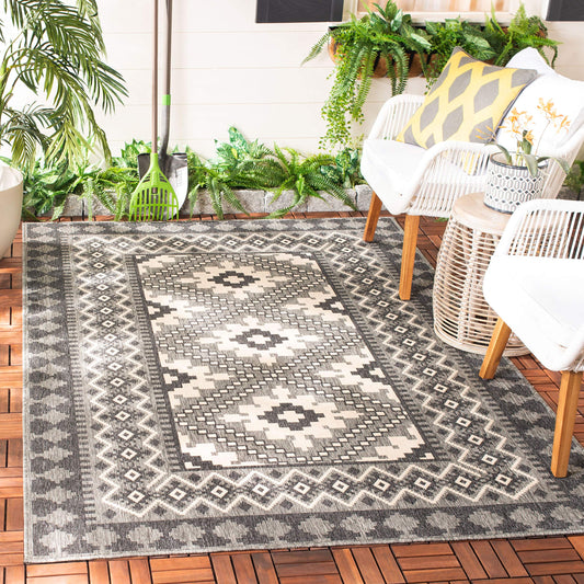 SAFAVIEH Washable Rug Outdoor Veranda Collection - 2'7" x 5', Ivory & Charcoal, Non-Shedding & Easy to Clean, Ideal for Patio, Backyard, Mudroom (VER099-3435)
