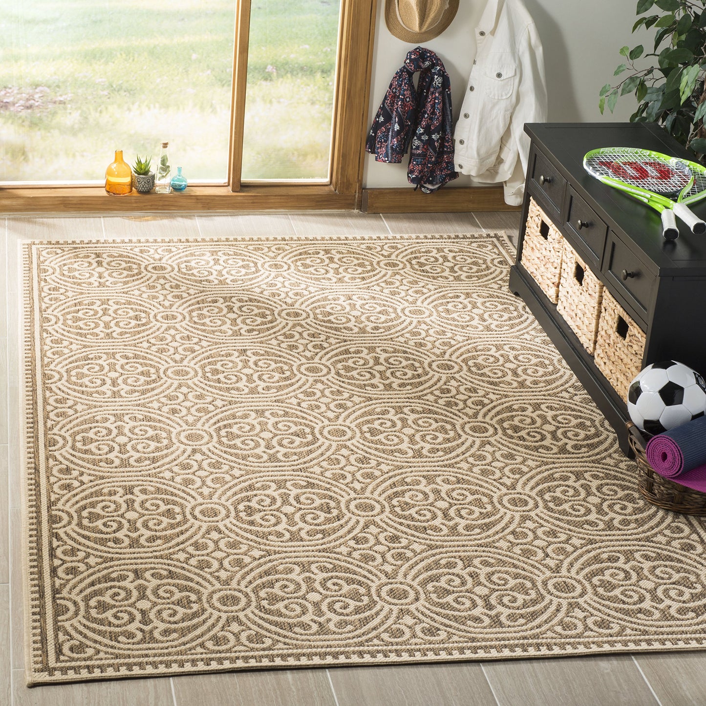 SAFAVIEH Washable Rug Outdoor Linden Collection - 5'3" x 7'6", Cream & Beige, Non-Shedding & Easy to Clean, Ideal for Patio, Backyard, Mudroom (LND134C)