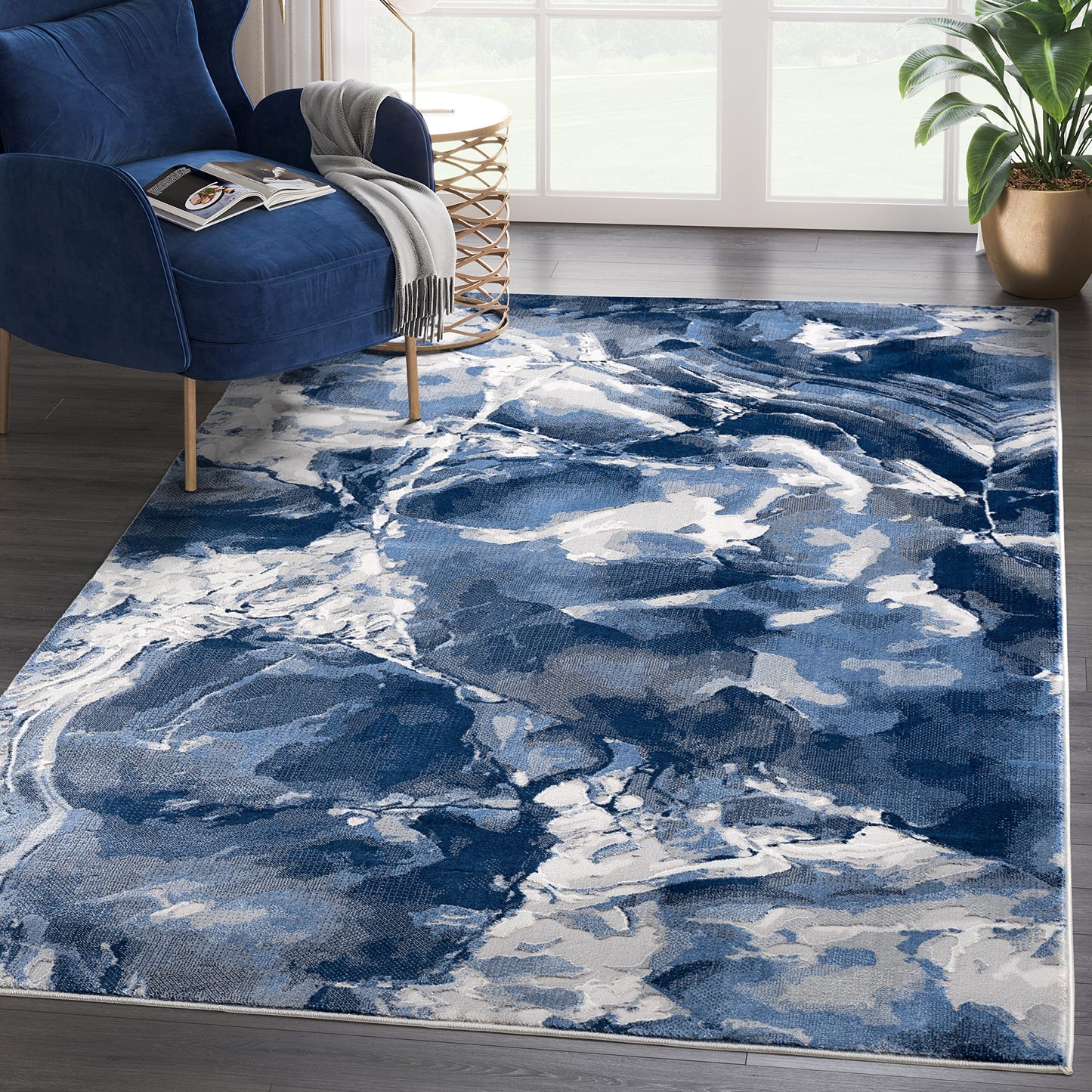 Abani Rugs Contemporary Blue & Grey Marble Ice Design Washable 7'9" x 10'2" (8'x10') Area Rug - Modern Swirl Watercolor Bedroom Rug