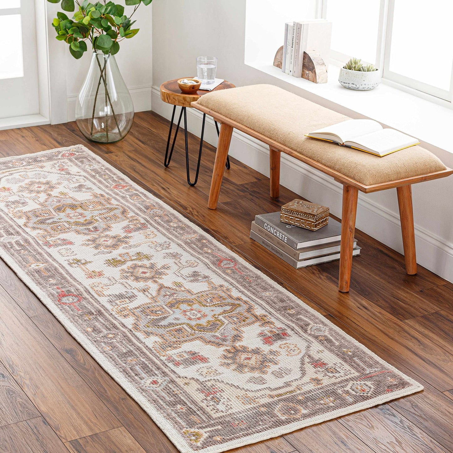 Hauteloom Hinapalanan Recycled Material Area Rug - Medallion Border Floral Geometric Distressed - Traditional Oriental Transitional - Medium Gray, Light Gray, Charcoal, Cream, Brown - 2' x 3'
