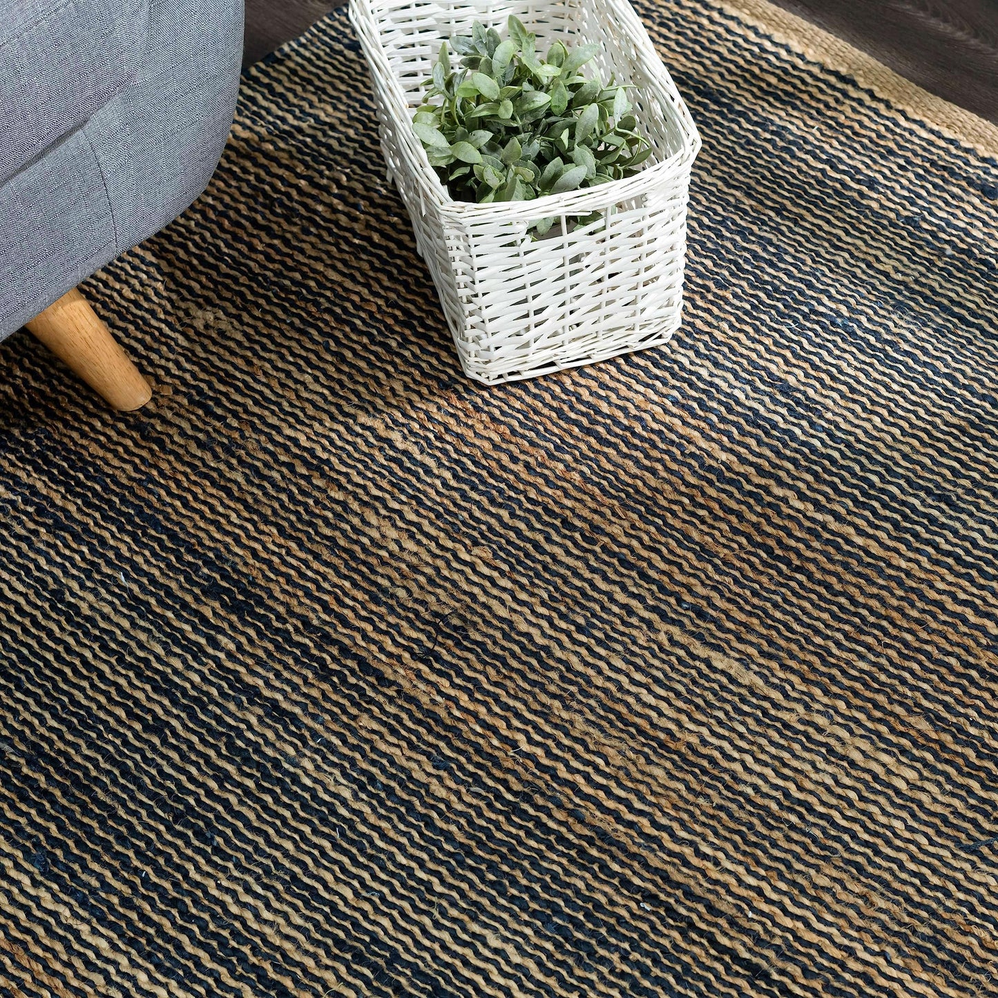 Home Conservatory Striped Handwoven Jute Rug, 5 X 8 Feet, Blue/Neutral Stripe Pattern