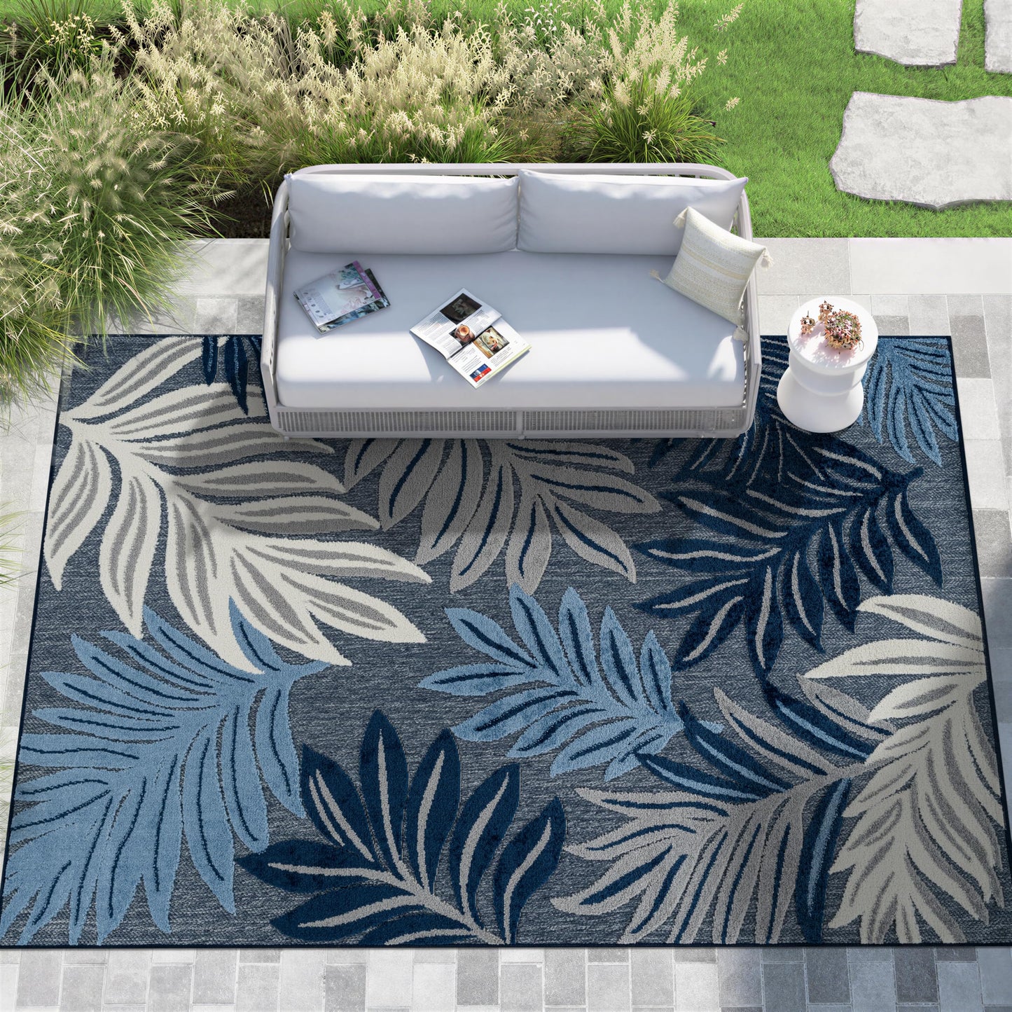Rugshop Indoor/Outdoor High-Low Textured Area Rug, Botanical, Easy-Clean Patio Rug for Porch Deck Balcony 6' 6" x 9' Navy
