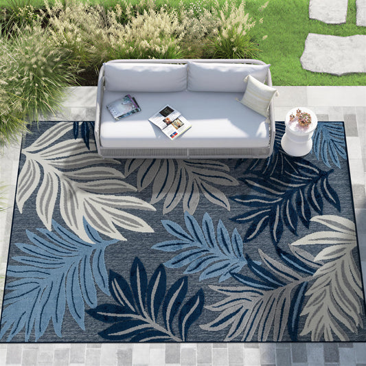 Rugshop Indoor/Outdoor High-Low Textured Area Rug, Botanical, Easy-Clean Patio Rug for Porch Deck Balcony 6' 6" x 9' Navy