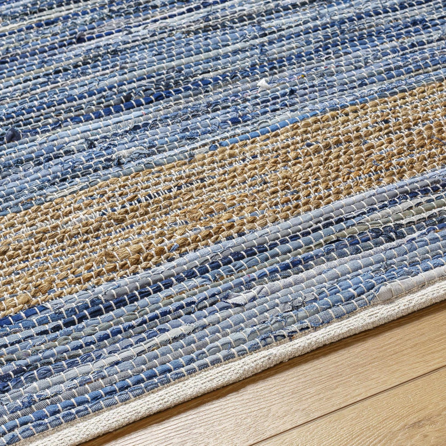 Hauteloom Nobel Recycled Material Living Room, Bedroom Area Rug - Border Striped Abstract - Contemporary Modern Coastal Boho Farmhouse - Mocha, Charcoal, Rose Cream, Blue, Tan - 27" x 45"
