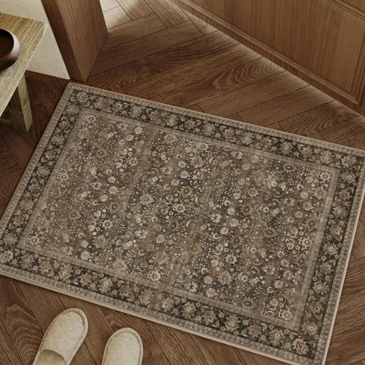HUGEAR 2x3 Small Rug Machine Washable Area Rug Brown Entryway Rugs Entrance Door Mat Indoor Accent Rugs Floral Low Pile Carpet Distressed Throw Rug Kitchen Bedroom Office Non Slip