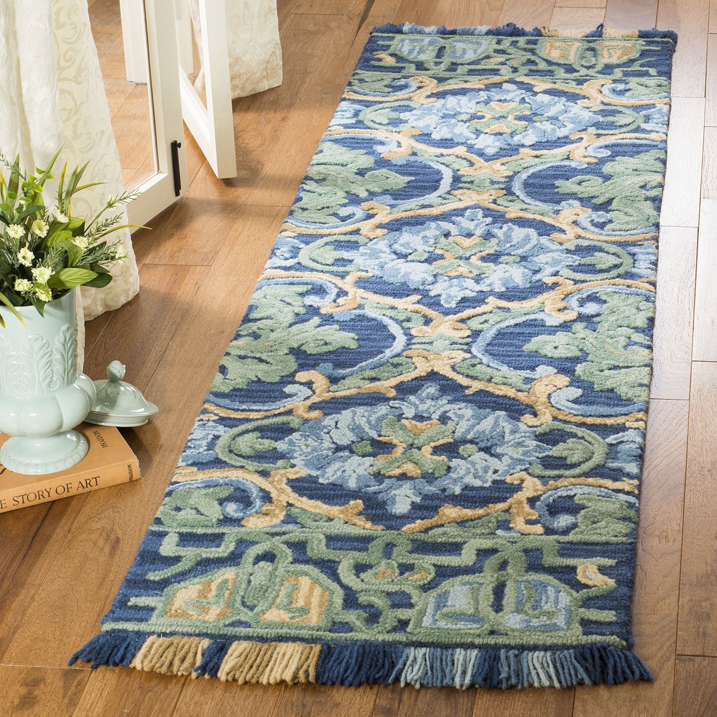 SAFAVIEH Blossom Collection Accent Rug - 2' x 3', Navy & Green, Handmade Boho Fringe Wool, Ideal for High Traffic Areas in Entryway, Living Room, Bedroom (BLM422A)