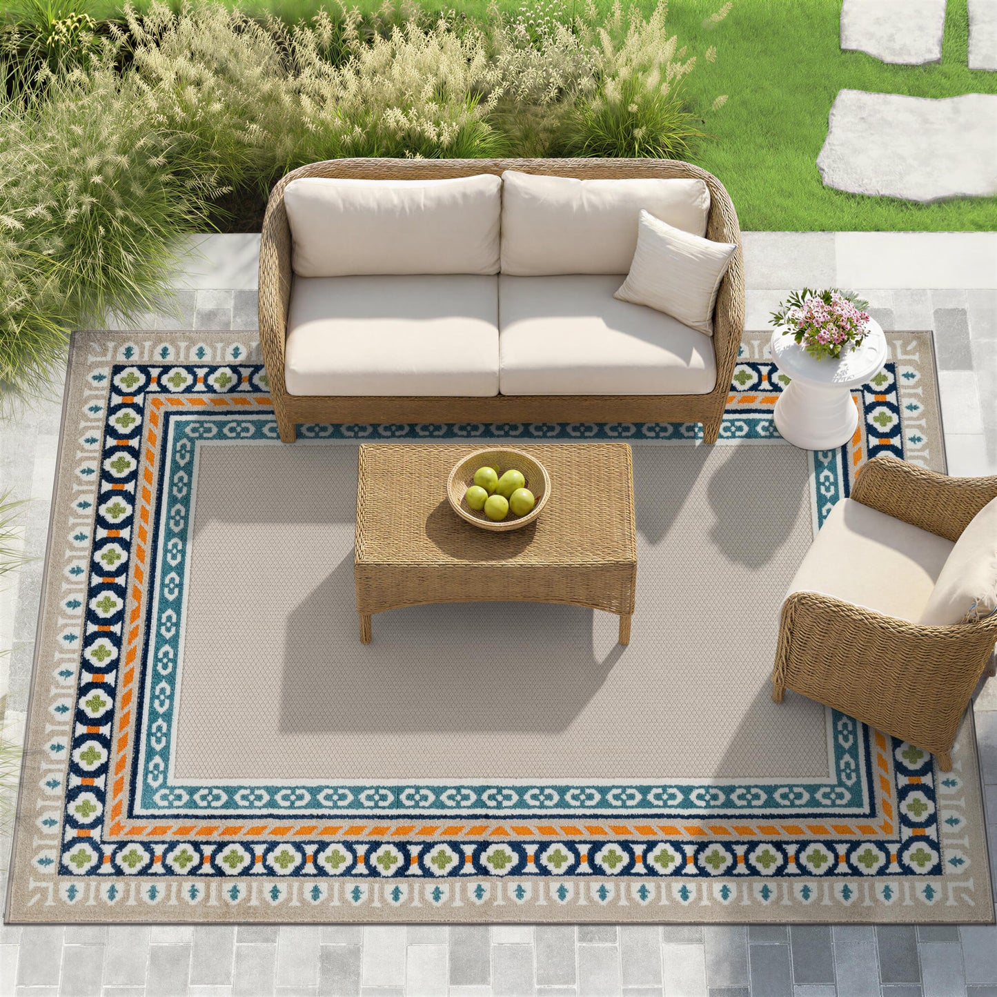 Rugshop Indoor/Outdoor High-Low Textured Area Rug, Coastal Border, Easy-Clean Patio Rug for Porch Deck Balcony 7' 10" x 10' Multi