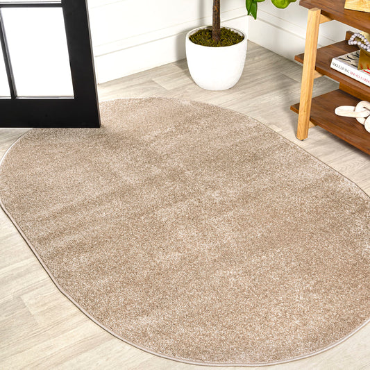 JONATHAN Y Haze Solid Low-Pile Beige 3x5 Oval Indoor Area Rug, Coastal,Bohemian,Minimalist,Classic, Easy-Cleaning for Living Room,Bedroom,Kitchen,Pet Friendly,Non-Shedding (SEU100G-3OV)