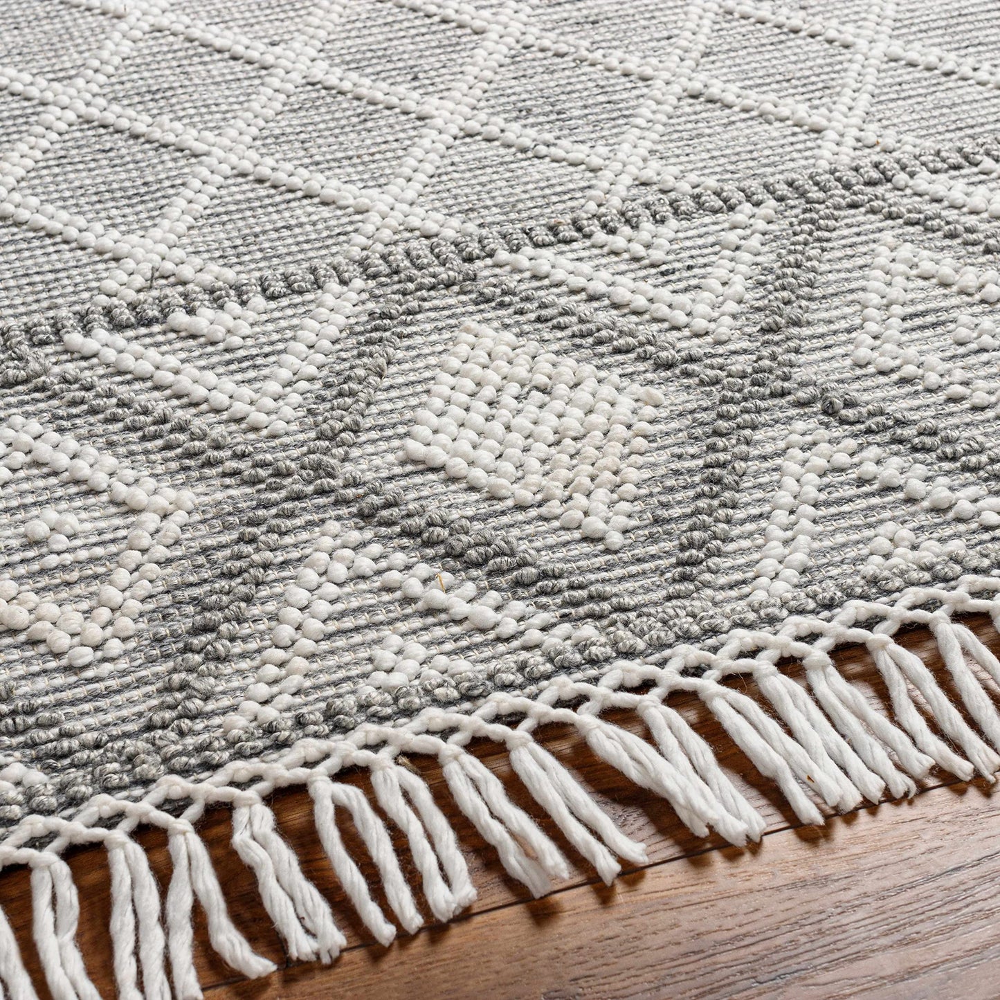 Hauteloom Jaya Recycled Material Area Rug - Geometric Diamond Trellis Lattice Border - Bohemian Transitional Boho Moroccan Tribal - Slate Blue, Charcoal, Off - White, Gray, White - 27" x 45"