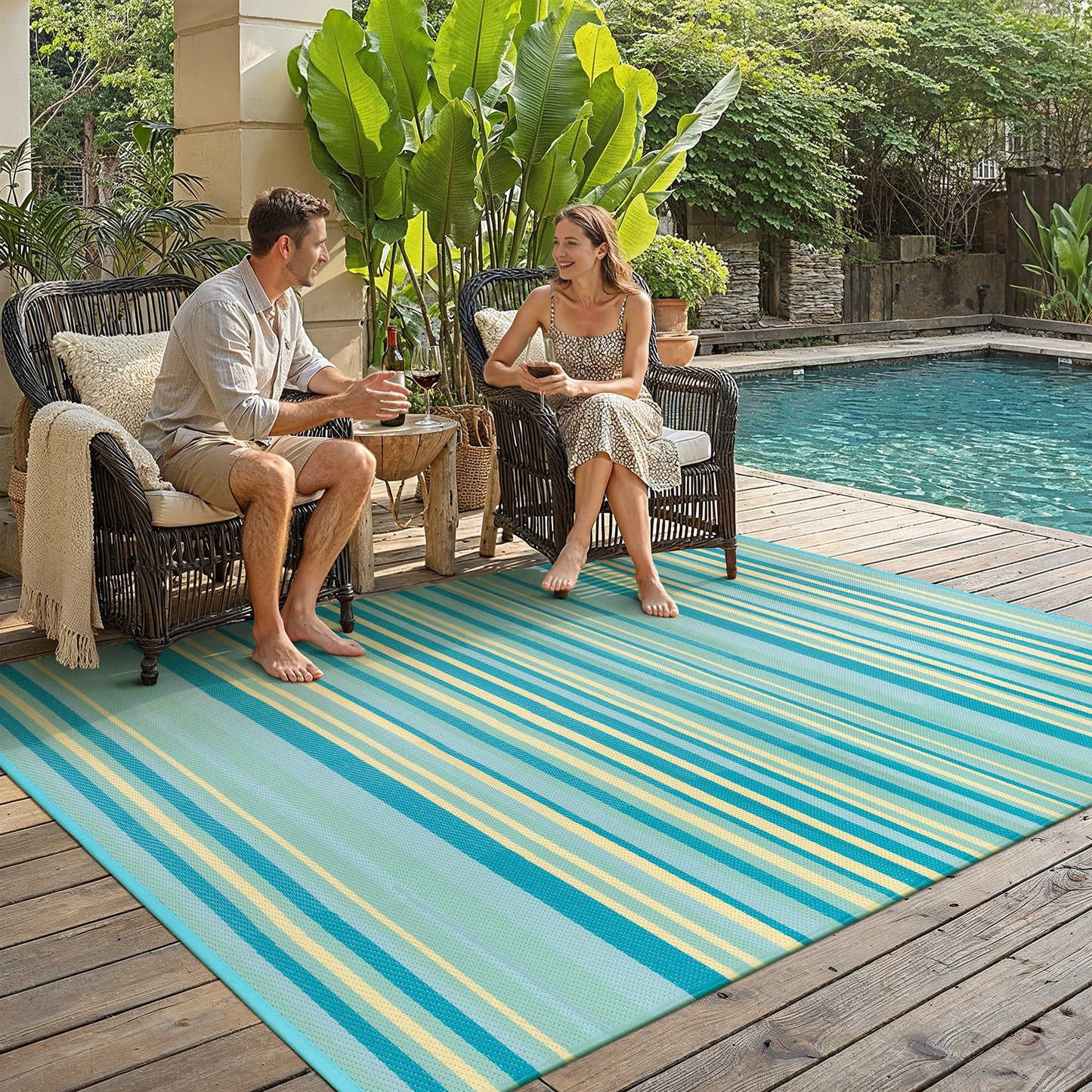 WondRg Outdoor Plastic Straw Rug Waterproof Patio 6x9 Teal Yellow Stripe Mat for Porch Camping RV Balcony Deck Courtyard Reversible Lightweight Durable Portable Carpet
